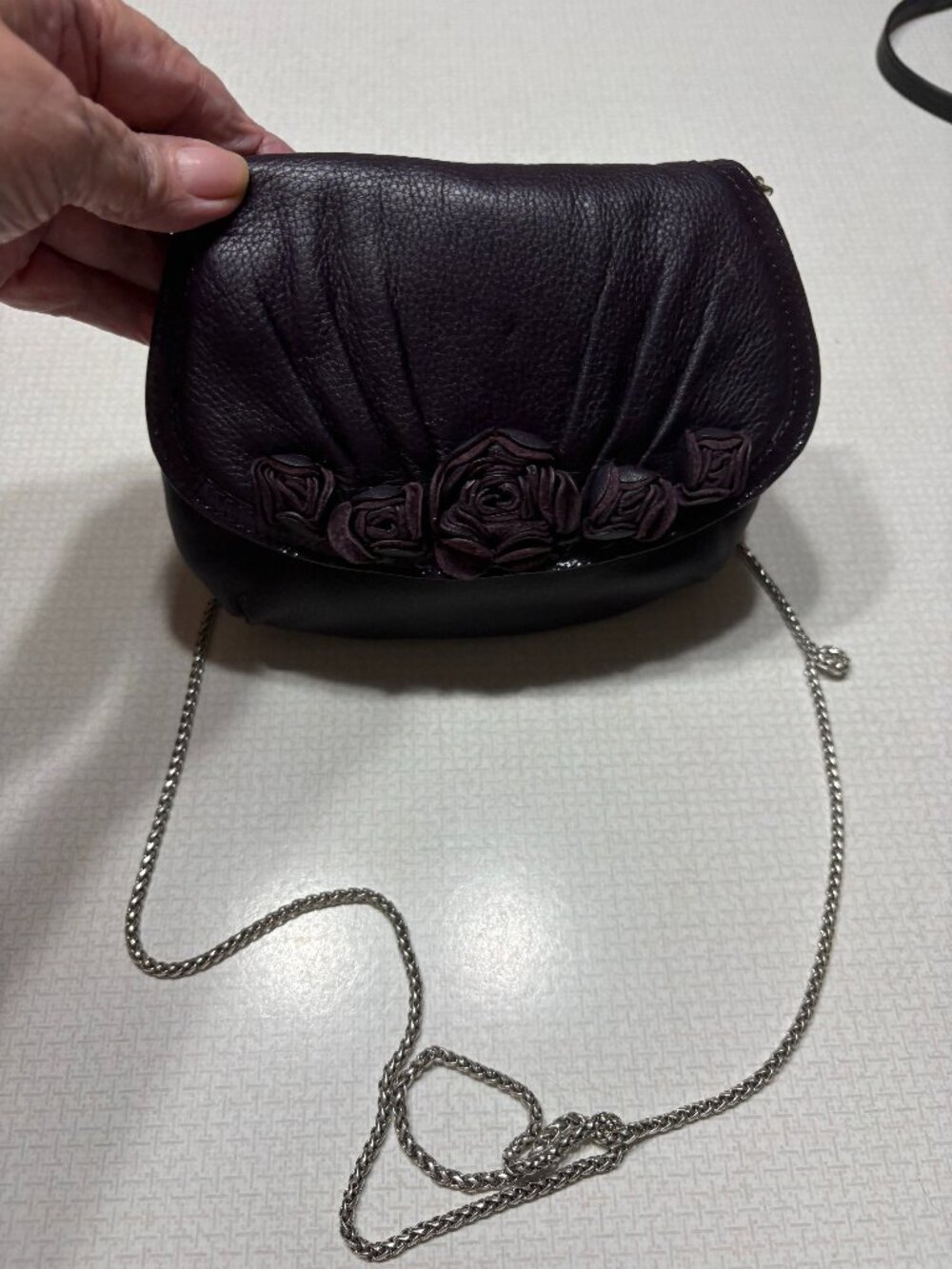 Like New Small Black Leather Brighton Crossbody with Leather flowers on Front